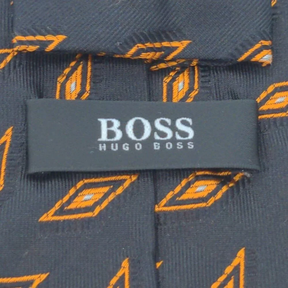 Hugo Boss Tie Orange Black Silk Geometric‎ Print Made In Italy 58